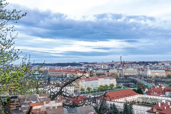 Alacakaranlıkta yüksek bir noktadan şehrin geniş panoramik manzarası. Binaların kırmızı kiremitli çatıları ve açık renkli duvarları ön planda görülebilir..