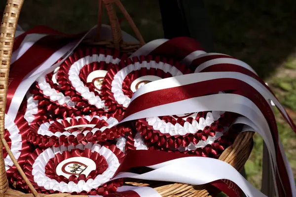 Açık renkli sazlardan yapılmış bir sepet ya da sapı ve kırmızı kurdeleleri birbirine bağlı benzer bir malzeme.