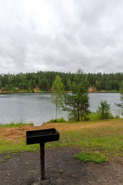 Bereketli bir ormanla çevrili sakin bir göl manzarası, ön planda Standalone barbekü ızgarası, açık hava aktiviteleri için mükemmel..