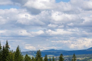 Yeşil ormanları ve dağınık binaları olan manzaralı bir dağ manzarası üzerinde bulutlu bir gökyüzünde uçan küçük bir uçak..
