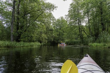 Bereketli yeşillik ve ormanla çevrili sakin bir nehirde, uzaktaki başka bir kanoyla birlikte, bir kanonun önündeki manzara bir küreği gösteriyor..