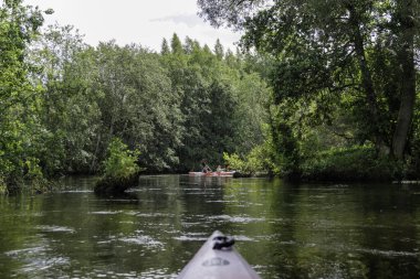 Önünde iki kişinin kürek çektiği, yemyeşil ormanı ve tenha bir nehrin sakin suyunu gösteren bir kano manzarası..