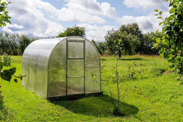 A small, modern plastic greenhouse stands on a vibrant green lawn in a rural backyard garden on a sunny day.