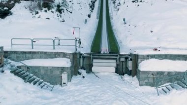 Winter Aerial View Of inrun of the Great Krokiew in Zakopane Ski Jumping Hill . High quality 4k footage