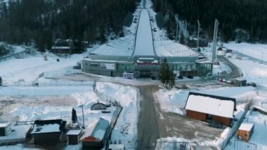 Winter Aerial View Of Great Krokiew in Zakopane Poland. Wielka Krokiew Ski Jumping Hill. High quality 4k footage