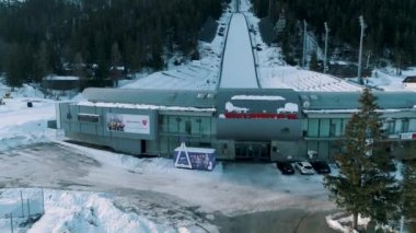 Winter Aerial View Of Great Krokiew in Zakopane Poland. Wielka Krokiew Ski Jumping Hill. High quality 4k footage
