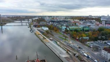 Aerial View of park with the Warsaw Mermaid. High quality 4k footage