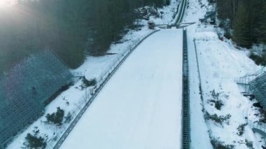 Winter Aerial View Of Great Krokiew in Zakopane Poland. Wielka Krokiew Ski Jumping Hill. High quality 4k footage