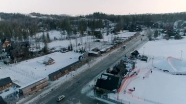 Winter Aerial View of the Streets Near the Stadium in Zakopane. High quality 4k footage