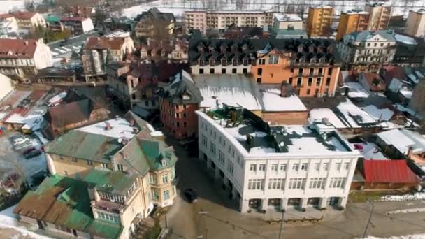 Χειμερινή Αεροφωτογραφία Ολόκληρου Του Ζακοπάνε Όμορφη Πόλη Στην Πολωνία Υψηλής — Αρχείο Βίντεο