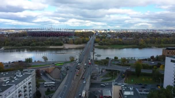 Aerial View Bridge Vistula River Background Warsaw Poland High Quality — Stock videók