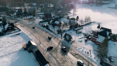 Winter Aerial View of the Streets Near the Stadium in Zakopane. High quality 4k footage