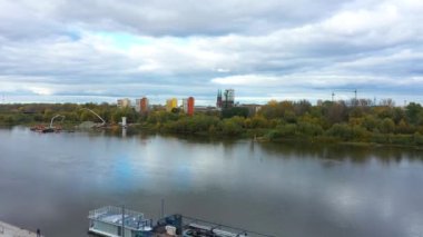Aerial View of the Vistula River and the Praga estate in Warsaw. High quality 4k footage