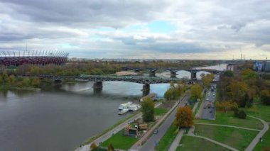 Aerial View of Wislostrada and Train in Warsaw. Road by the Vistula. High quality 4k footage