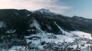 Winter Aerial View Of Great Krokiew in Zakopane Poland. Wielka Krokiew Ski Jumping Hill. High quality 4k footage