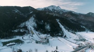 Winter Aerial View Of Great Krokiew in Zakopane Poland. Wielka Krokiew Ski Jumping Hill. High quality 4k footage