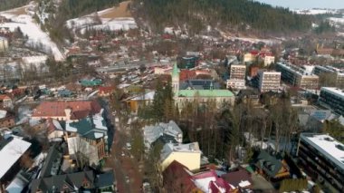 Winter Aerial View of church in Zakopane. Beautiful city in Poland. High quality 4k footage
