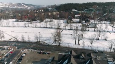 Winter Aerial View of the glade in Zakopane. Beautiful city in Poland. High quality 4k footage