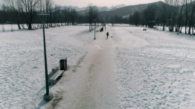 Winter Aerial View of the glade and mountains in Zakopane. High quality 4k footage