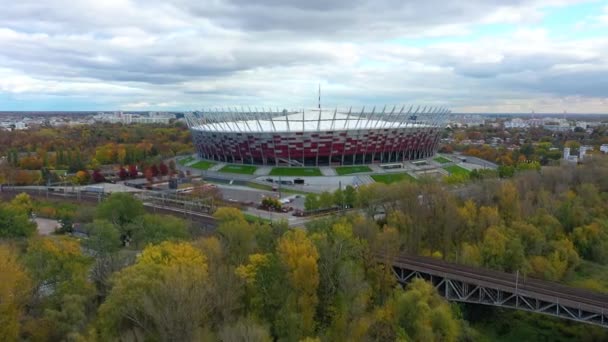 Αεροφωτογραφία Του Εθνικού Σταδίου Στη Βαρσοβία Πολωνία Υψηλής Ποιότητας Πλάνα — Αρχείο Βίντεο