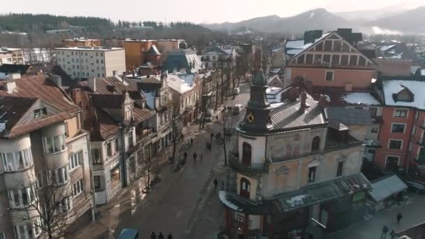 Χειμερινή Αεροφωτογραφία Ολόκληρου Του Ζακοπάνε Όμορφη Πόλη Στην Πολωνία Υψηλής — Αρχείο Βίντεο