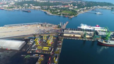  Aerial View the port of Gdynia, summer beautifull footage of Polish Town. High quality 4k footage