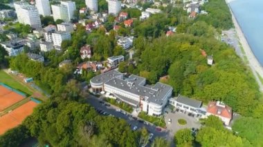 Aerial View of Gdynia seaside hotel, summer beautifull footage of Polish Town. High quality 4k footage