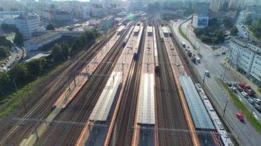 Aerial View of Gdynia main train station, summer beautiful footage of Polish Town. High quality 4k footage