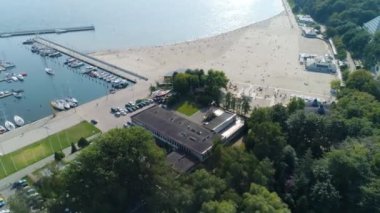 Aerial View of beach in Gdynia, summer beautifull footage of Polish Town. High quality 4k footage