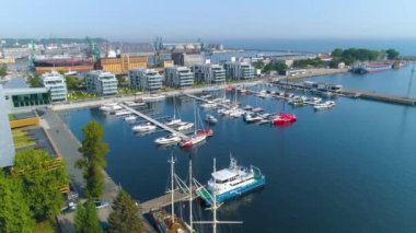 Aerial View of Marina Yacht Park in Gdynia, summer beautifull footage of Polish Town. High quality 4k footage