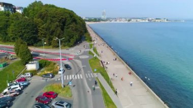 Aerial View of Gdynia Seaside Boulevard, summer beautifull footage of Polish Town. High quality 4k footage