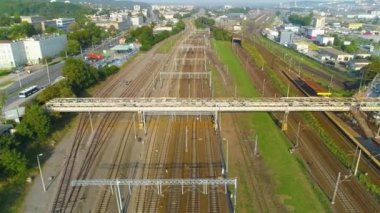  Aerial View of railroad tracks in Gdynia, summer beautifull footage of Polish Town. High quality 4k footage
