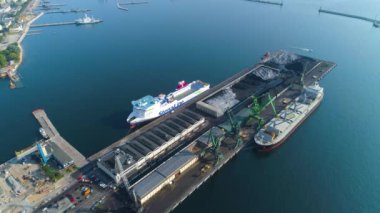  Aerial View the port of Gdynia, summer beautifull footage of Polish Town. High quality 4k footage