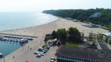 Aerial View of beach in Gdynia, summer beautifull footage of Polish Town. High quality 4k footage
