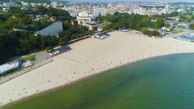 Aerial View of beach in Gdynia, summer beautifull footage of Polish Town. High quality 4k footage