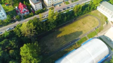  Aerial View of football field in Gdynia, summer beautifull footage of Polish Town. High quality 4k footage