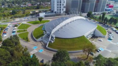 Aerial View of Gdynia Arena, summer beautifull footage of Polish Town. High quality 4k footage