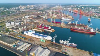  Aerial View the port of Gdynia, summer beautifull footage of Polish Town. High quality 4k footage