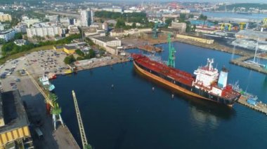  Aerial View the port of Gdynia, summer beautifull footage of Polish Town. High quality 4k footage