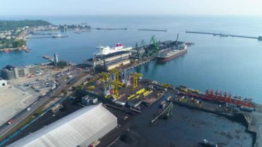  Aerial View the port of Gdynia, summer beautifull footage of Polish Town. High quality 4k footage