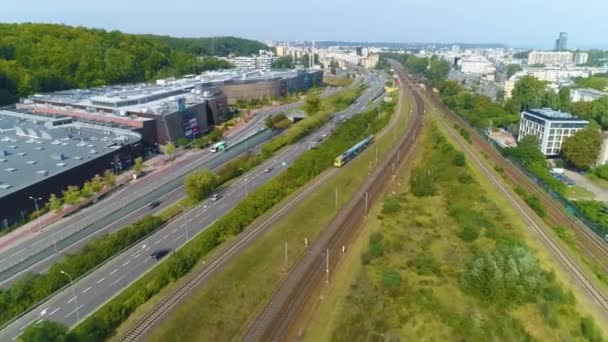 Aerial View Train Gdynia Road Summer Beautifull Footage Polish Town — Stockvideo