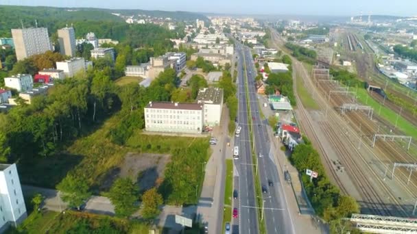 Gdynia Aerial View Street Railroad Tracks City Summer Footage Polish — Video