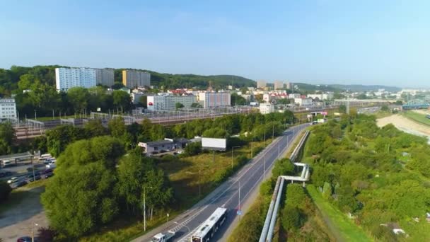 Aerial View Trains Railroad Tracks Gdynia Summer Beautifull Footage Polish — Stockvideo