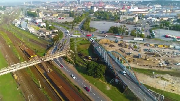 Aerial View Railroad Tracks Gdynia Summer Beautifull Footage Polish Town — Stockvideo