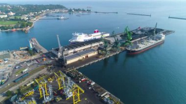  Aerial View the port of Gdynia, summer beautifull footage of Polish Town. High quality 4k footage