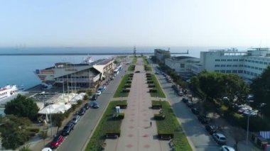 Aerial View of south Molo in Gdynia, summer beautifull footage of Polish Town. High quality 4k footage