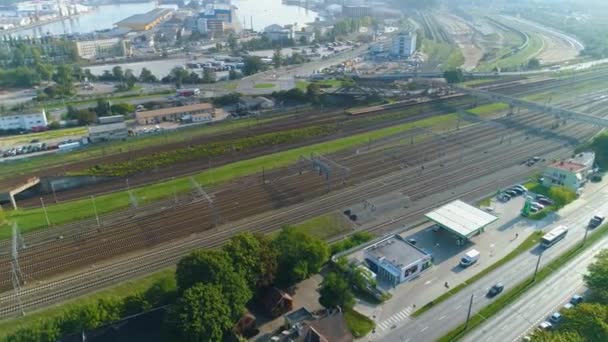 Aerial View Railroad Tracks Gdynia Summer Beautifull Footage Polish Town — Stockvideo