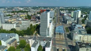 Aerial view of the Stajnia Jednorozcow tram station in Lodz. High quality 4k footage