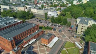 Aerial view of the Manufaktura Shopping Center in Lodz. Great Polish footage. High quality 4k footage