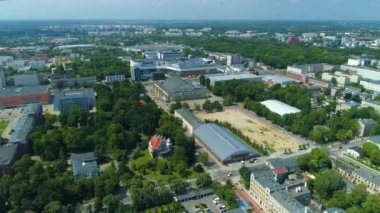 Aerial view of the Sports Hall of the Municipal Sports and Recreation Center in Lodz. High quality 4k footage